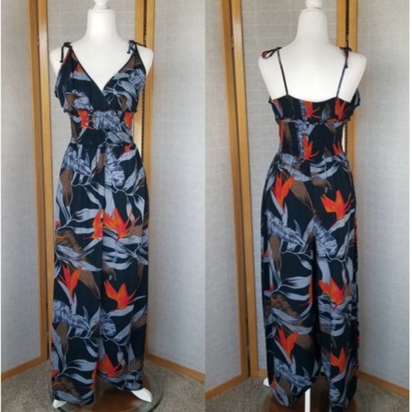 Patrons of Peace Pants - Patrons of Peace Jumpsuit Blue Birds of Paradise Print Wide Leg Smocked Medium